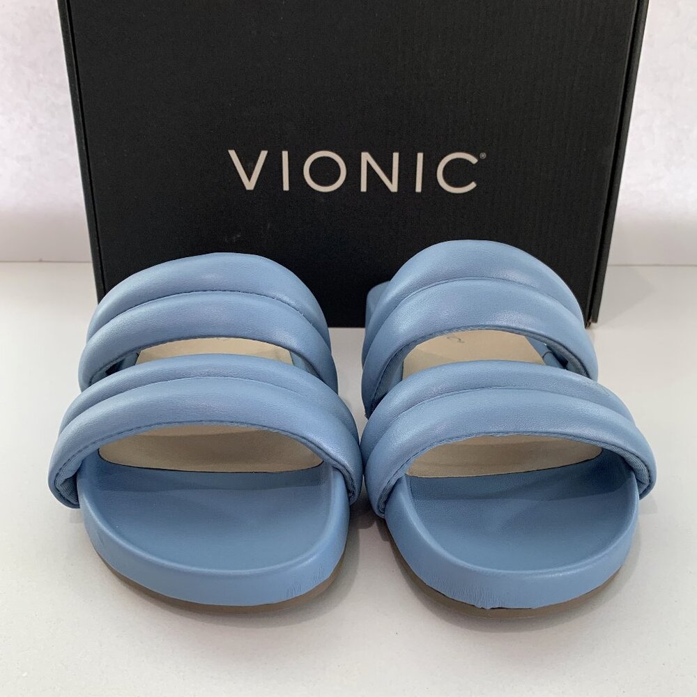 Vionic Mayla Slip On Sandals Double Puffy Strap Slides Blue Shadow Size 7 NEW - Picture 3 of 6